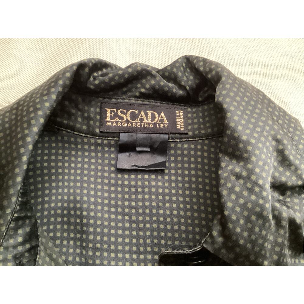 Vintage Escada 100% Silk Button Up Blouse green & black Geometric Print Size XL - Picture 5 of 9
